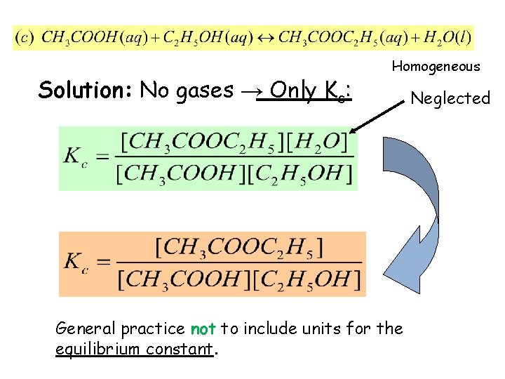 Solution: No gases → Only Kc: Homogeneous General practice not to include units for
