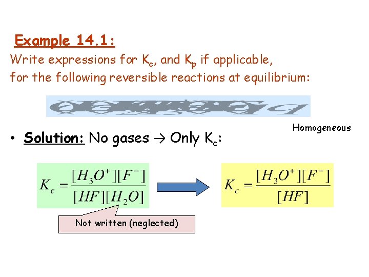 Example 14. 1: Write expressions for Kc, and Kp if applicable, for the following