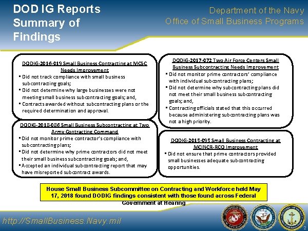 DOD IG Reports Summary of Findings DODIG-2016 -019 Small Business Contracting at MCSC Needs