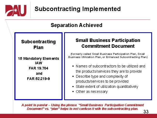 Subcontracting Implemented Separation Achieved Subcontracting Plan 15 Mandatory Elements IAW FAR 19. 704 and