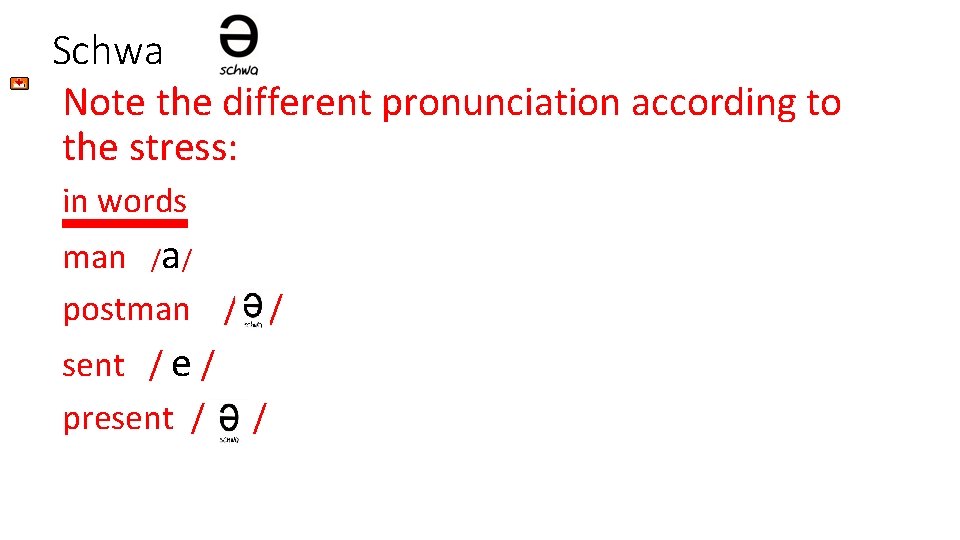 Schwa Note the different pronunciation according to the stress: in words man /a/ postman
