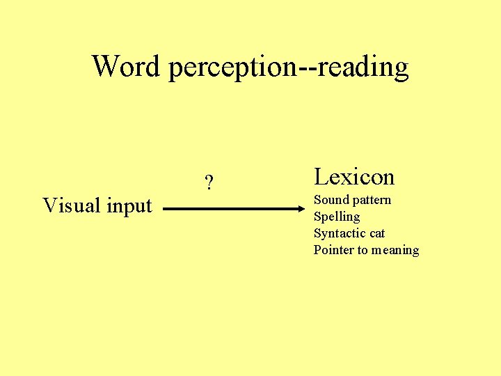 Word perception--reading Visual input ? Lexicon Sound pattern Spelling Syntactic cat Pointer to meaning