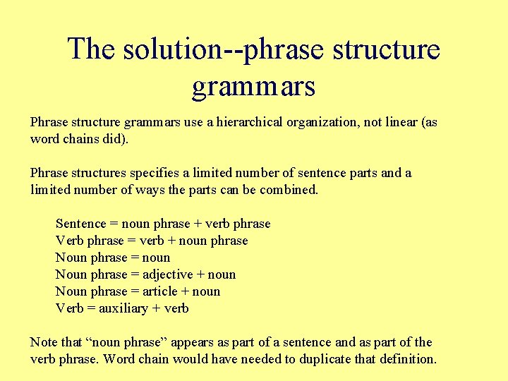 The solution--phrase structure grammars Phrase structure grammars use a hierarchical organization, not linear (as