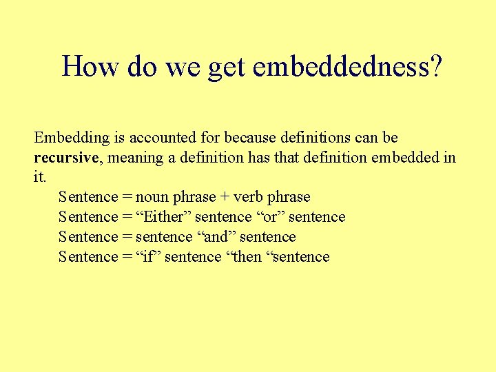 How do we get embeddedness? Embedding is accounted for because definitions can be recursive,