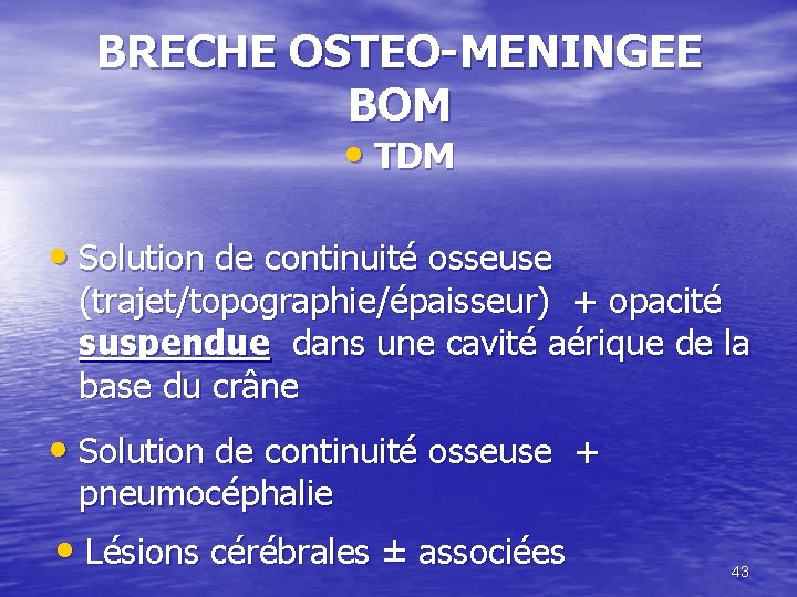BRECHE OSTEO-MENINGEE BOM • TDM • Solution de continuité osseuse (trajet/topographie/épaisseur) + opacité suspendue