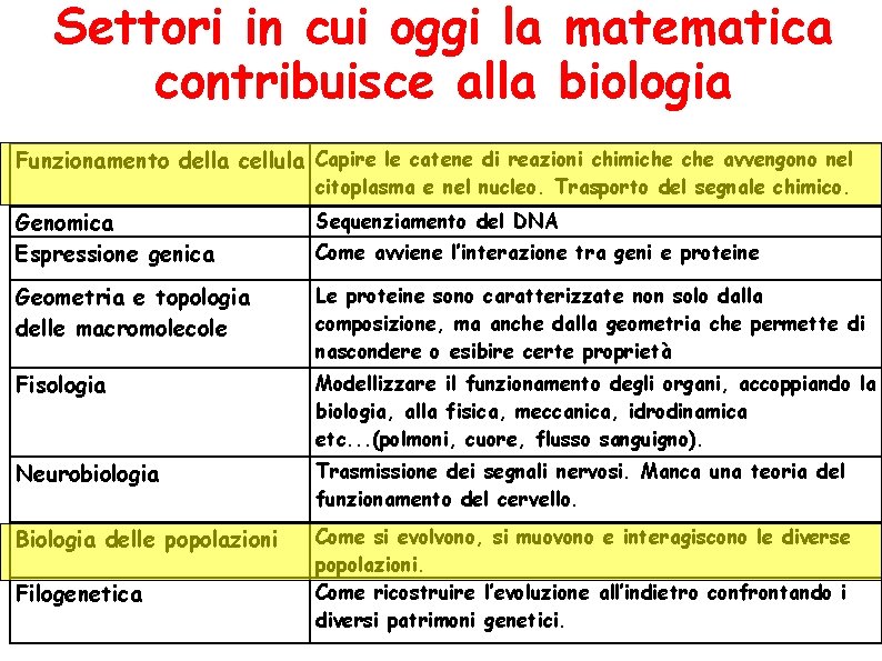 Settori in cui oggi la matematica contribuisce alla biologia Funzionamento della cellula Capire le