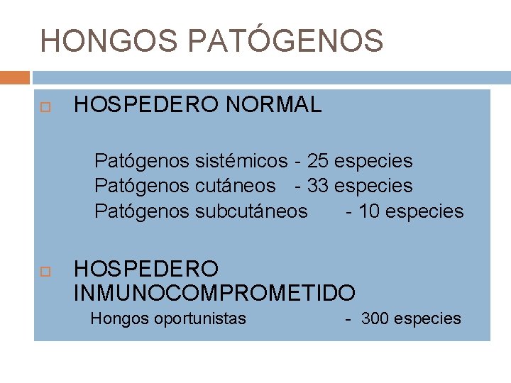 HONGOS PATÓGENOS HOSPEDERO NORMAL • • • Patógenos sistémicos - 25 especies Patógenos cutáneos