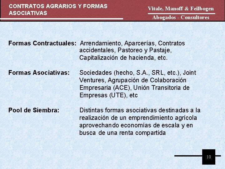 CONTRATOS AGRARIOS Y FORMAS ASOCIATIVAS Vitale, Manoff & Feilbogen Abogados - Consultores Formas Contractuales: CONTRATOS AGRARIOS Y FORMAS ASOCIATIVAS Vitale, Manoff & Feilbogen Abogados - Consultores Formas Contractuales: