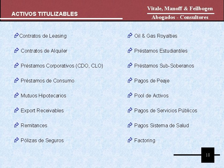 ACTIVOS TITULIZABLES Vitale, Manoff & Feilbogen Abogados - Consultores Contratos de Leasing Oil & ACTIVOS TITULIZABLES Vitale, Manoff & Feilbogen Abogados - Consultores Contratos de Leasing Oil &