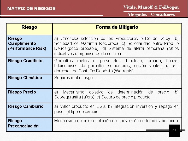 MATRIZ DE RIESGOS Vitale, Manoff & Feilbogen Abogados - Consultores Riesgo Forma de Mitigarlo MATRIZ DE RIESGOS Vitale, Manoff & Feilbogen Abogados - Consultores Riesgo Forma de Mitigarlo