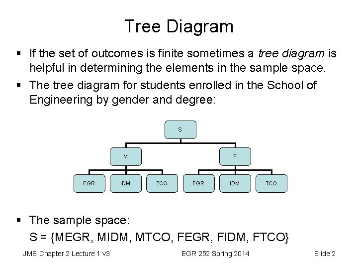 Tree Diagram § If the set of outcomes is finite sometimes a tree diagram