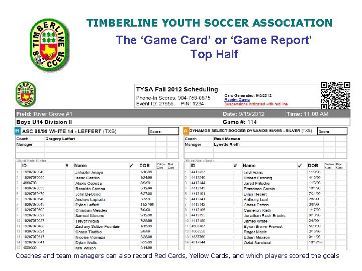 TIMBERLINE YOUTH SOCCER ASSOCIATION The ‘Game Card’ or ‘Game Report’ Top Half Coaches and