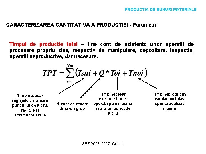 PRODUCTIA DE BUNURI MATERIALE CARACTERIZAREA CANTITATIVA A PRODUCTIEI - Parametri Timpul de productie total