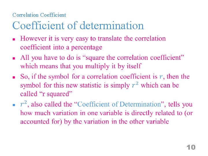 Correlation Coefficient of determination n 10 