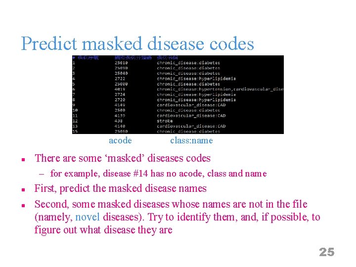 Predict masked disease codes acode n class: name There are some ‘masked’ diseases codes