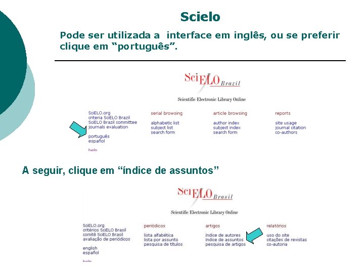 Scielo Pode ser utilizada a interface em inglês, ou se preferir clique em “português”.