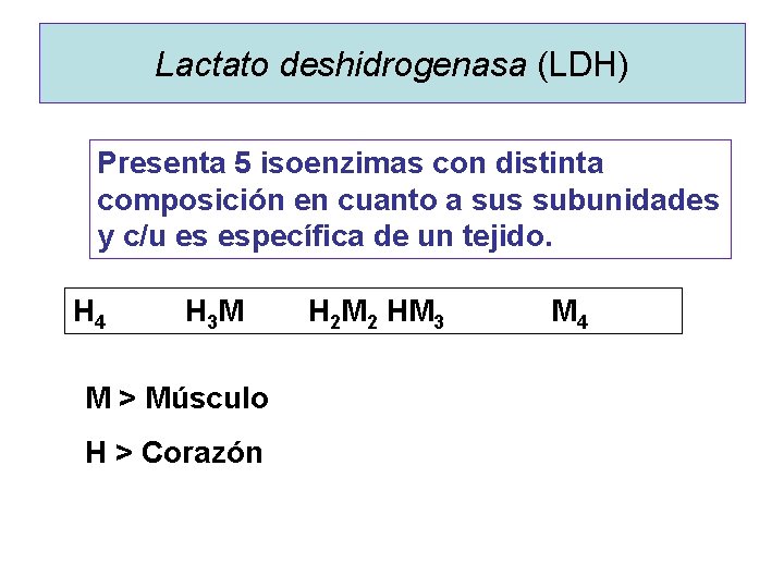 Lactato deshidrogenasa (LDH) Presenta 5 isoenzimas con distinta composición en cuanto a sus subunidades