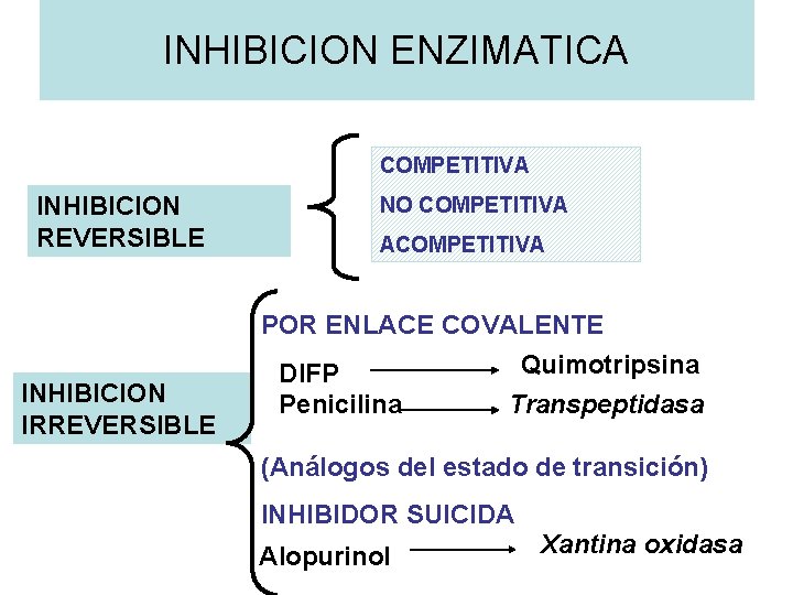 INHIBICION ENZIMATICA COMPETITIVA INHIBICION REVERSIBLE NO COMPETITIVA ACOMPETITIVA POR ENLACE COVALENTE INHIBICION IRREVERSIBLE DIFP