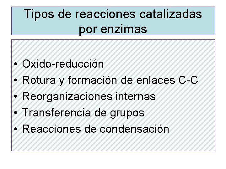 Tipos de reacciones catalizadas por enzimas • • • Oxido-reducción Rotura y formación de