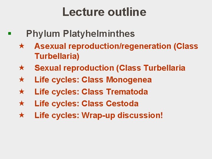 Lecture outline § Phylum Platyhelminthes « « « Asexual reproduction/regeneration (Class Turbellaria) Sexual reproduction