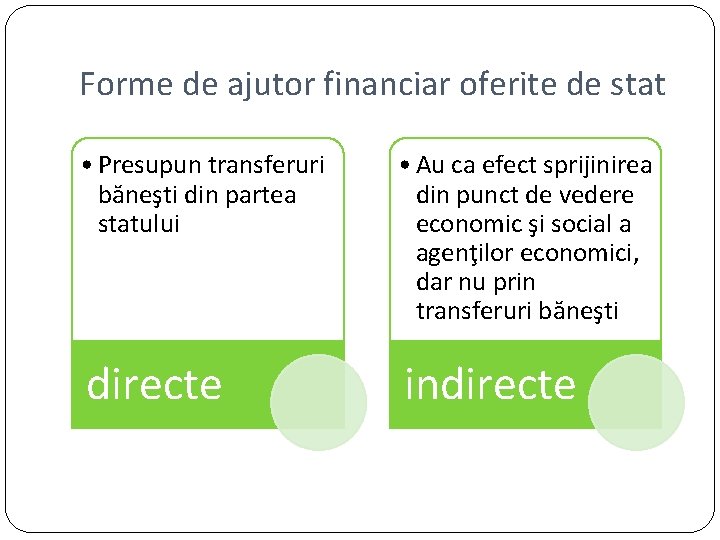 Forme de ajutor financiar oferite de stat • Presupun transferuri băneşti din partea statului