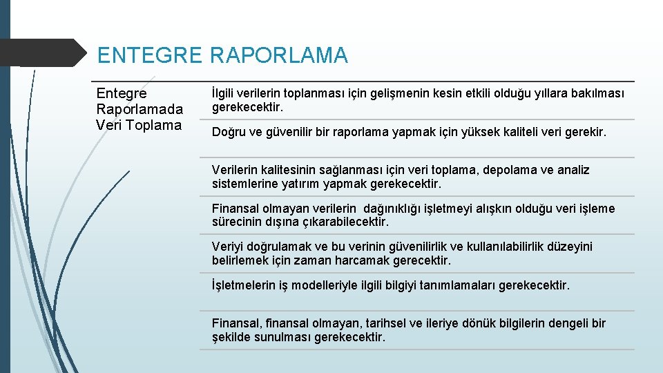 ENTEGRE RAPORLAMA Entegre Raporlamada Veri Toplama İlgili verilerin toplanması için gelişmenin kesin etkili olduğu