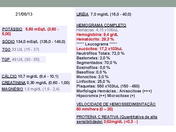 21/08/13 POTÁSSIO : 5, 60 m. Eq/L (3, 60 5, 00) SÓDIO 134, 0