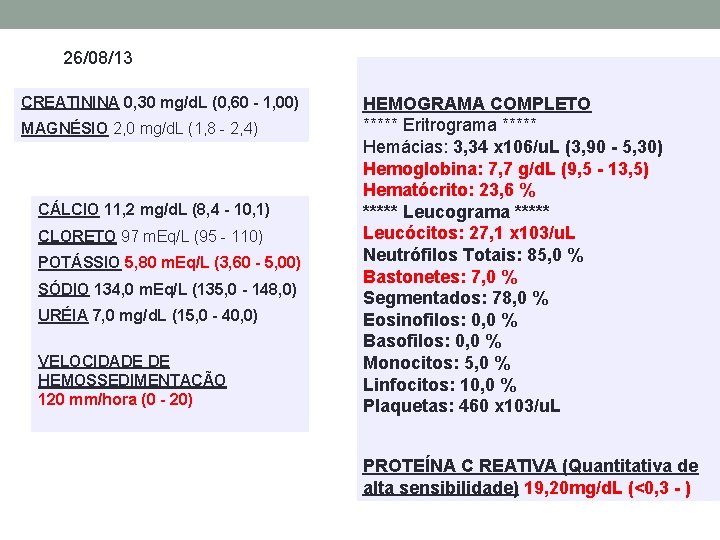 26/08/13 CREATININA 0, 30 mg/d. L (0, 60 - 1, 00) MAGNÉSIO 2, 0