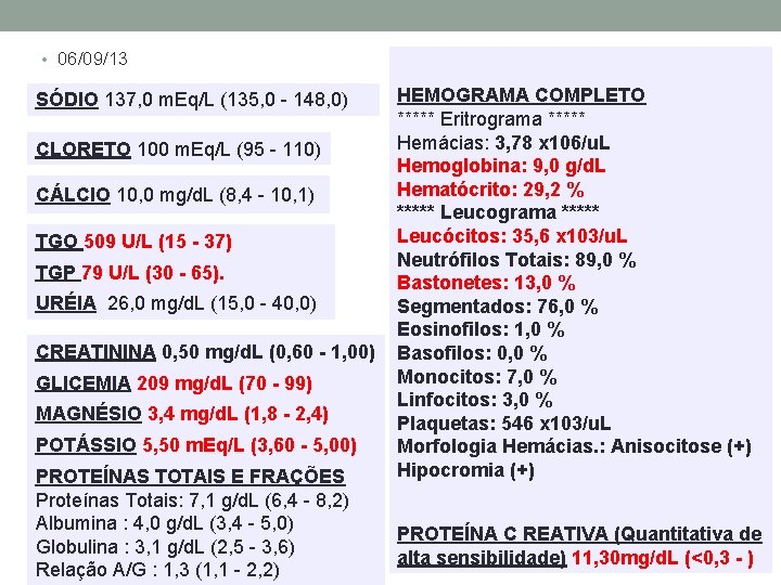  • 06/09/13 SÓDIO 137, 0 m. Eq/L (135, 0 - 148, 0) CLORETO