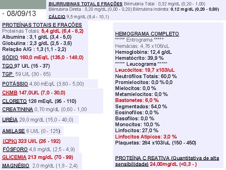  • 08/09/13 BILIRRUBINAS TOTAL E FRAÇÕES Bilirrubina Total : 0, 32 mg/d. L