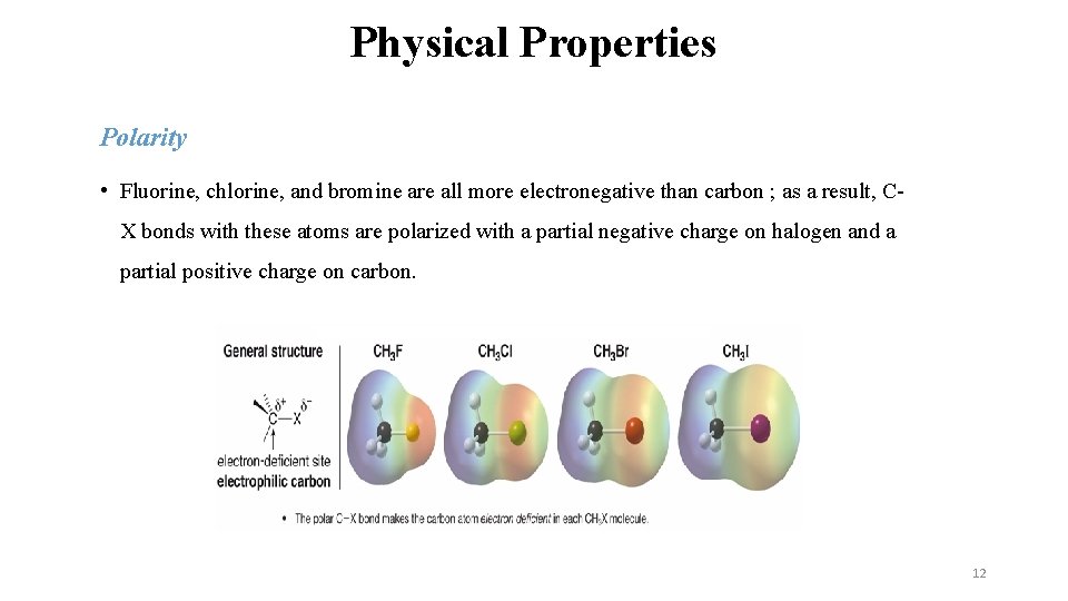 Physical Properties Polarity • Fluorine, chlorine, and bromine are all more electronegative than carbon Physical Properties Polarity • Fluorine, chlorine, and bromine are all more electronegative than carbon