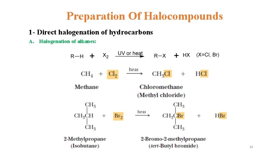 Preparation Of Halocompounds 1 - Direct halogenation of hydrocarbons A. Halogenation of alkanes: 16 Preparation Of Halocompounds 1 - Direct halogenation of hydrocarbons A. Halogenation of alkanes: 16