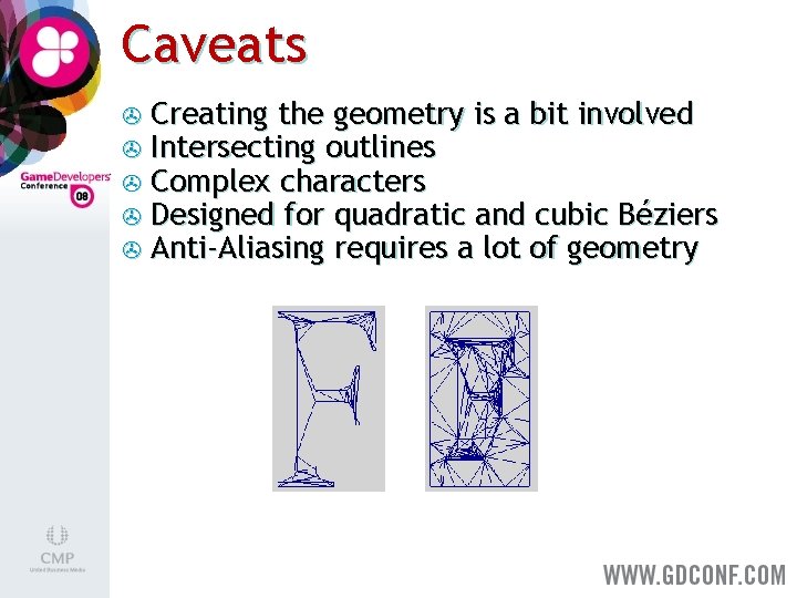 Caveats > > > Creating the geometry is a bit involved Intersecting outlines Complex