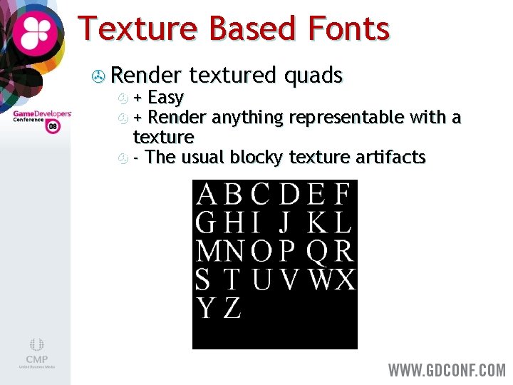 Texture Based Fonts > Render >+ >+ textured quads Easy Render anything representable with