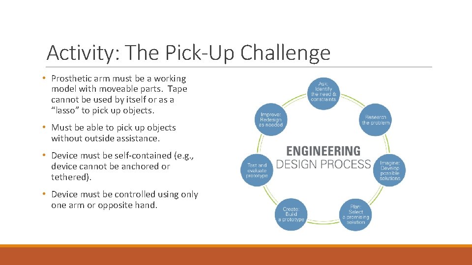 Activity: The Pick-Up Challenge • Prosthetic arm must be a working model with moveable