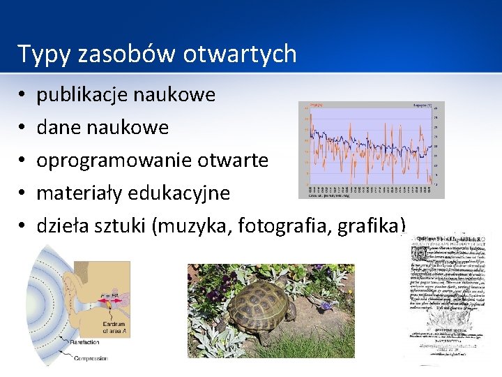 Typy zasobów otwartych • • • publikacje naukowe dane naukowe oprogramowanie otwarte materiały edukacyjne