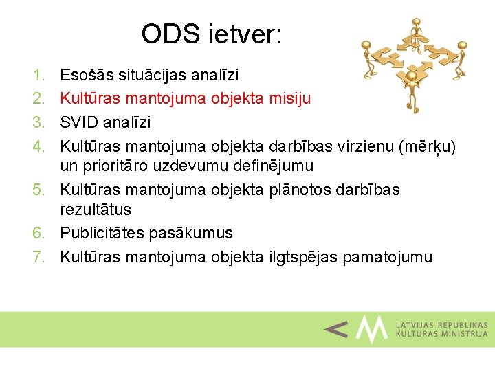 ODS ietver: 1. 2. 3. 4. Esošās situācijas analīzi Kultūras mantojuma objekta misiju SVID