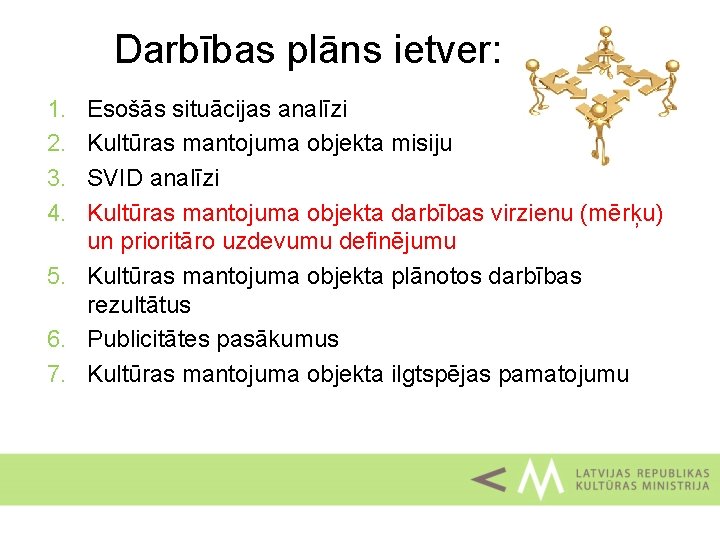 Darbības plāns ietver: 1. 2. 3. 4. Esošās situācijas analīzi Kultūras mantojuma objekta misiju