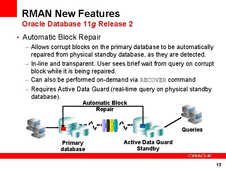 RMAN New Features Oracle Database 11 g Release 2 • Automatic Block Repair –
