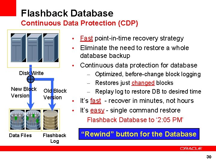 Flashback Database Continuous Data Protection (CDP) Fast point-in-time recovery strategy • Eliminate the need Flashback Database Continuous Data Protection (CDP) Fast point-in-time recovery strategy • Eliminate the need