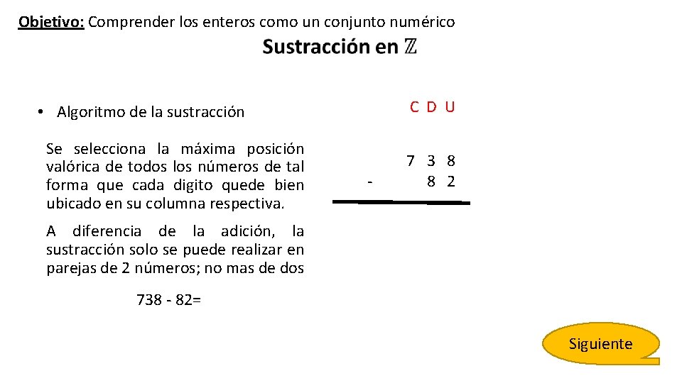 Objetivo: Comprender los enteros como un conjunto numérico • Algoritmo de la sustracción Se