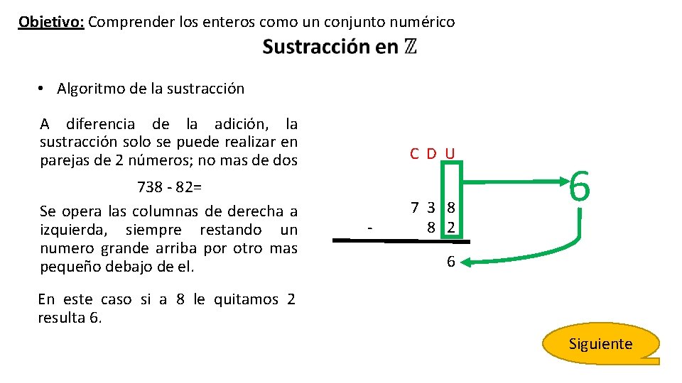 Objetivo: Comprender los enteros como un conjunto numérico • Algoritmo de la sustracción A