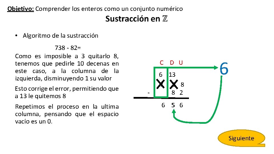 Objetivo: Comprender los enteros como un conjunto numérico • Algoritmo de la sustracción 738