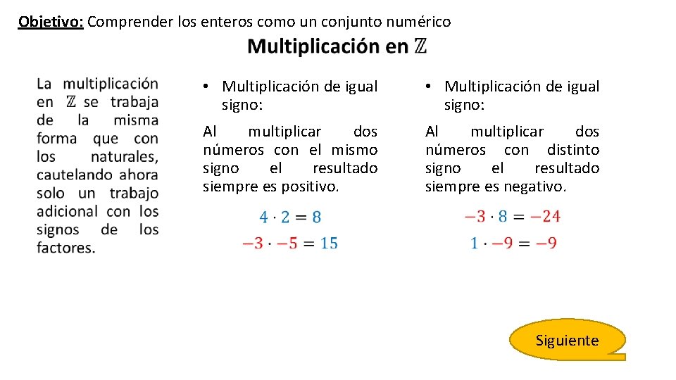 Objetivo: Comprender los enteros como un conjunto numérico • Multiplicación de igual signo: Al