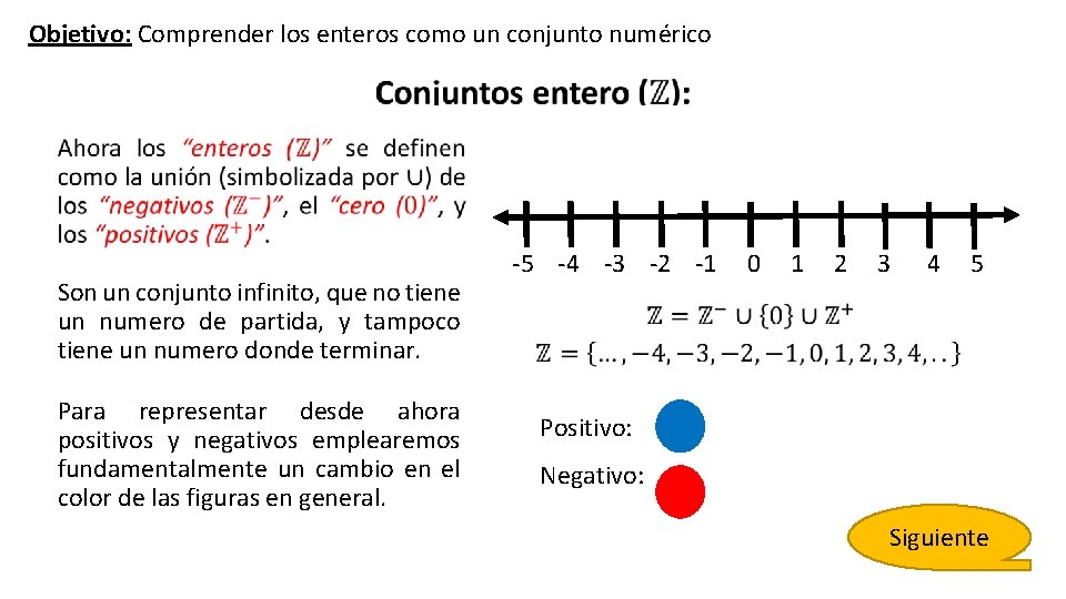 Objetivo: Comprender los enteros como un conjunto numérico Son un conjunto infinito, que no