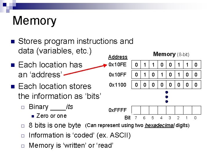 Memory n n n Stores program instructions and data (variables, etc. ) 0 1