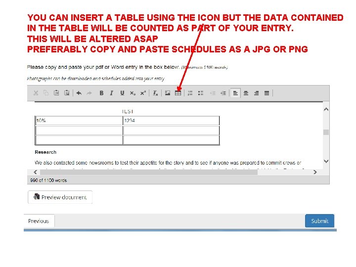 YOU CAN INSERT A TABLE USING THE ICON BUT THE DATA CONTAINED IN THE