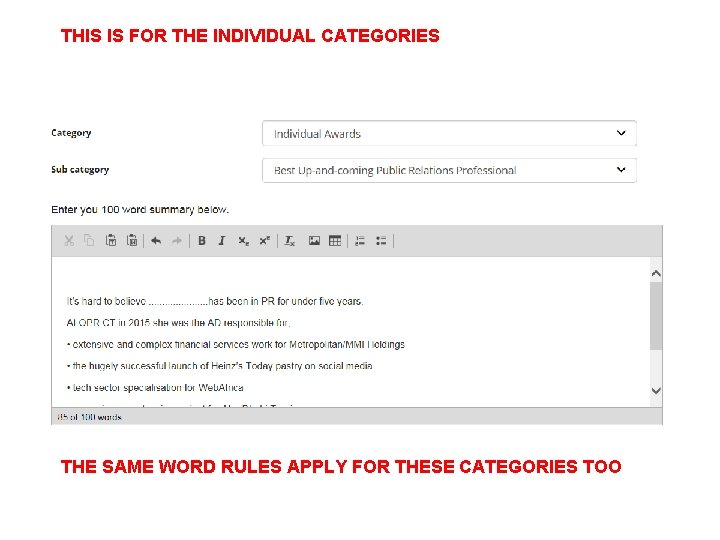 THIS IS FOR THE INDIVIDUAL CATEGORIES THE SAME WORD RULES APPLY FOR THESE CATEGORIES