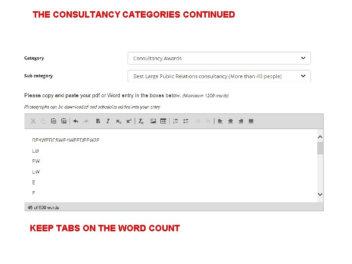 THE CONSULTANCY CATEGORIES CONTINUED KEEP TABS ON THE WORD COUNT 