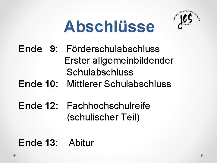 Abschlüsse Ende 9: Förderschulabschluss Erster allgemeinbildender Schulabschluss Ende 10: Mittlerer Schulabschluss Ende 12: Fachhochschulreife